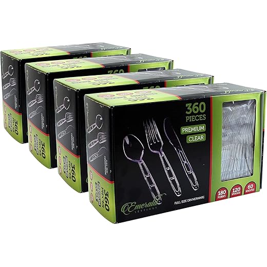 PARTY BARGAINS Emerald Settings Clear Plastic Cutlery Set 1440-Piece – 720 Forks, 480 Spoons, 240 Knives – Heavy-Duty Disposable Utensils for Parties, Weddings, Buffets, BBQs & Catering – BPA Free
