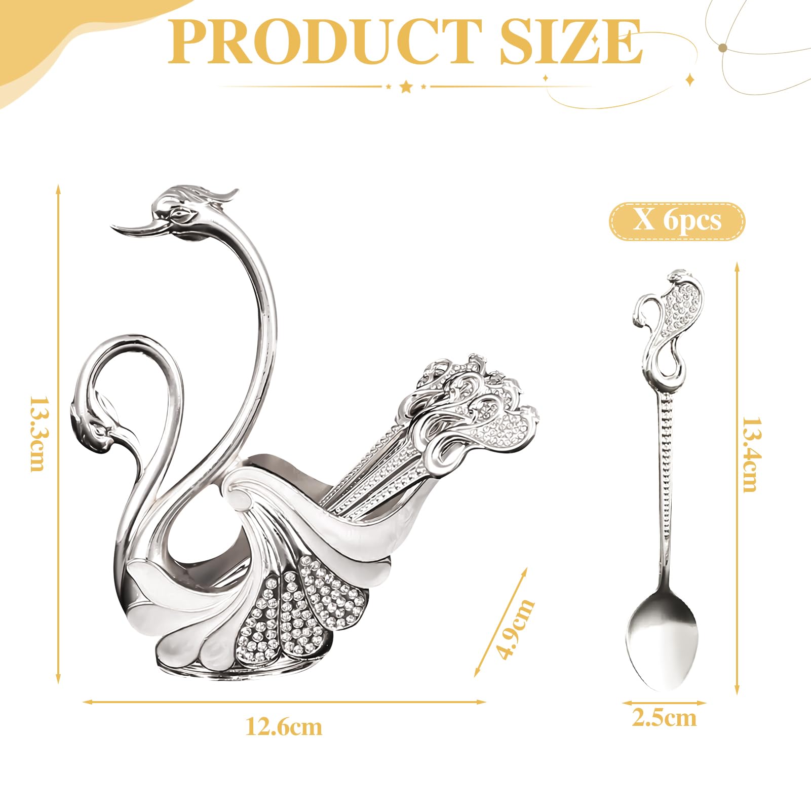 Set di 6 cucchiai da caffè con supporto a cigno dorato, in lega di zinco, cucchiaio da dessert, elegante manico lungo, caffè, tè, paletta per torte