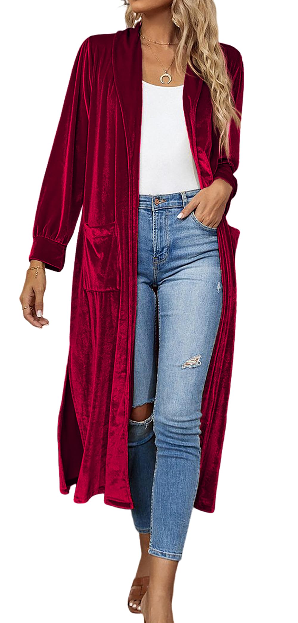 Womens Fall Velvet Duster Cardigan Jackets Vintage Solid Long Sleeve Open Front Side Slit Midi Coat with Pockets