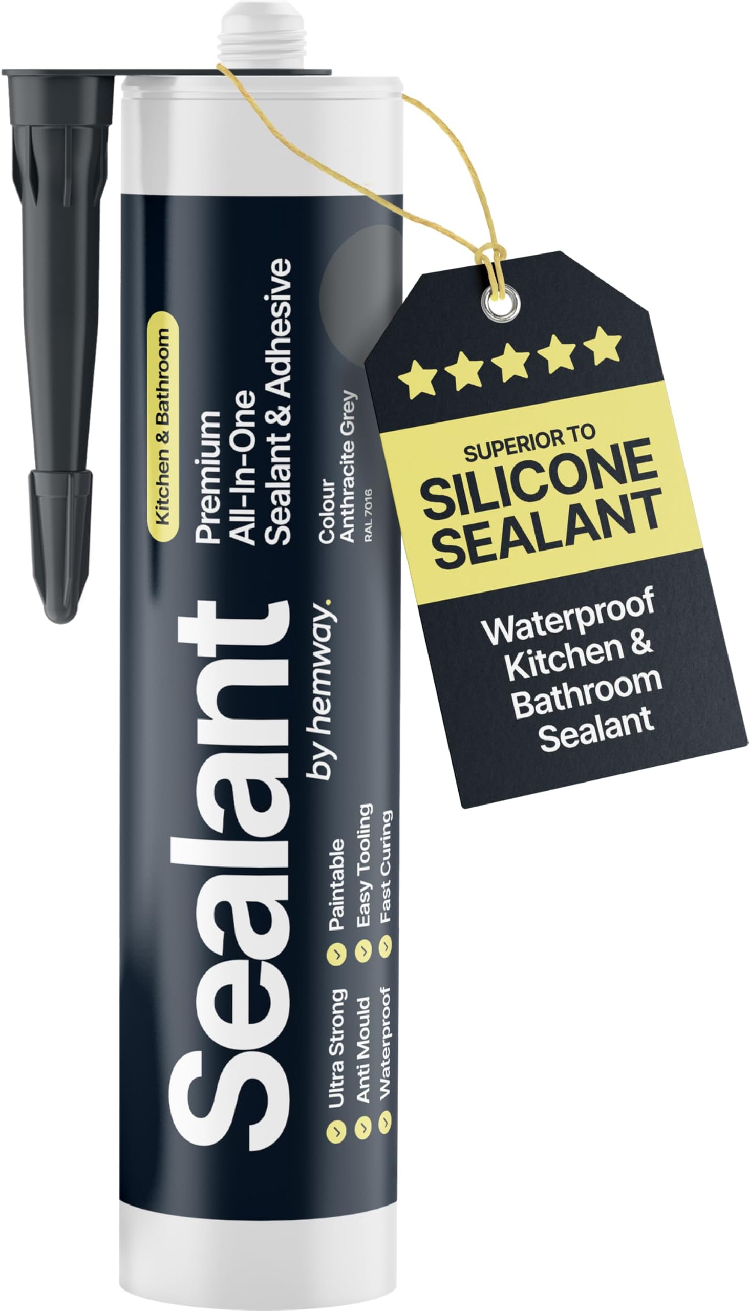 Anthracite Grey Kitchen & Bathroom Sealant & Adhesive Hybrid Polymer | Superior to Bathroom Silicone Sealant | Waterproof, Anti-Mould, Dark Grey | Ideal For Kitchen & Around Bath & Shower 300ml 1 Pack