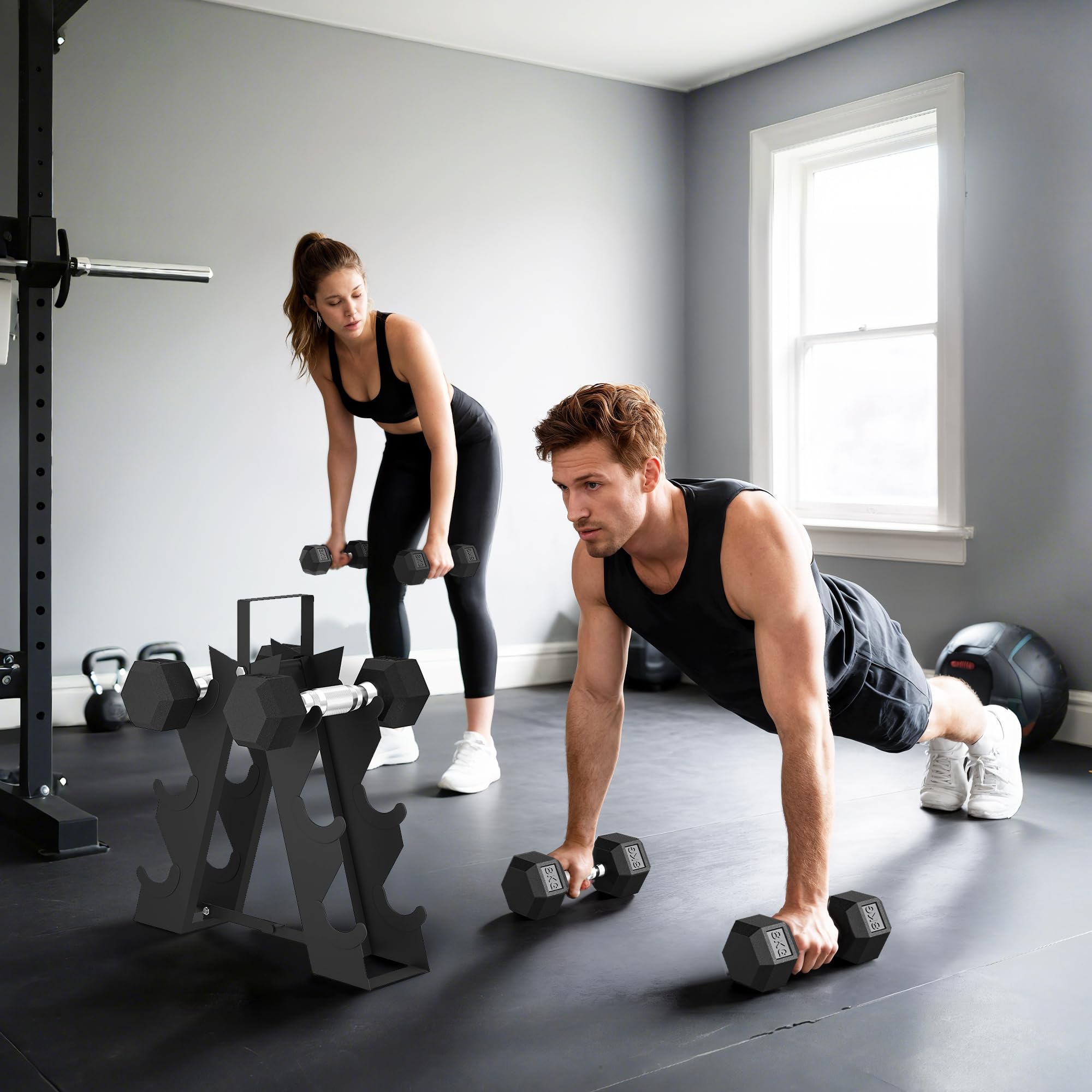SPORTNOW Set di Manubri Palestra con Supporto, Peso Totale 30kg/36kg, Pesi Palestra Esagonali in Metallo con Impugnatura Antiscivolo, Allenamento Forza Fitness Casa, Nero