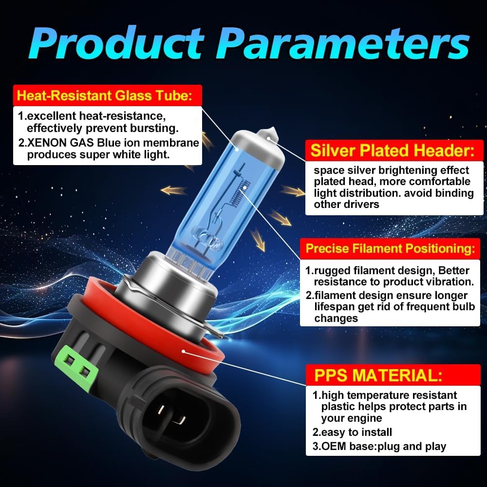 Fit For Kia Optima 2011-2013 Headlight Bulbs, H1 High Beam and H11B Low Beam and H11 Fog light Halogen Bulbs 300% Brightness 6000K High Performance Halogen Bulbs Combo 6PCS