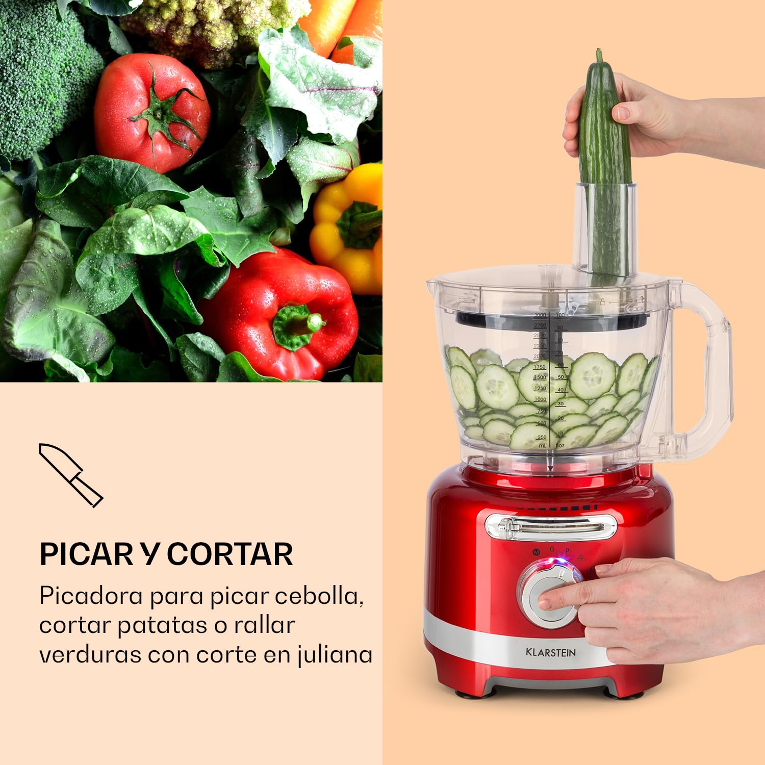 Klarstein Luca Batidora multifunción, Picadora, Rallador, Exprimidor, Food Processor, 1000 vatios, regulación continua, 6 modos, sin BPA, 3 litros, vaso medidor 3 l, espátula, Rojo