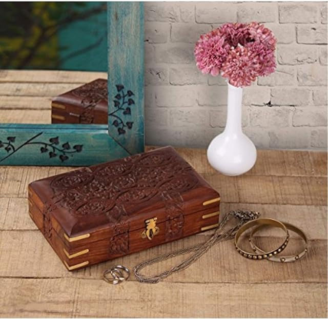storeindya Wooden Trinket Jewellery Box -100% Made in India - Multipurpose Storage Organiser Keepsake Jewellery Box with Decorative Handmade Floral Design for Gifting (Design 5)
