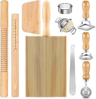 10 Pcs Pasta Making Tools Set, Manual Pierogi Maker, Ravioli Stamp Cutter, Wooden Rolling Pin, Dough Scraper, Gnocchi Board, 5 Ravioli Stamp Maker Cutter