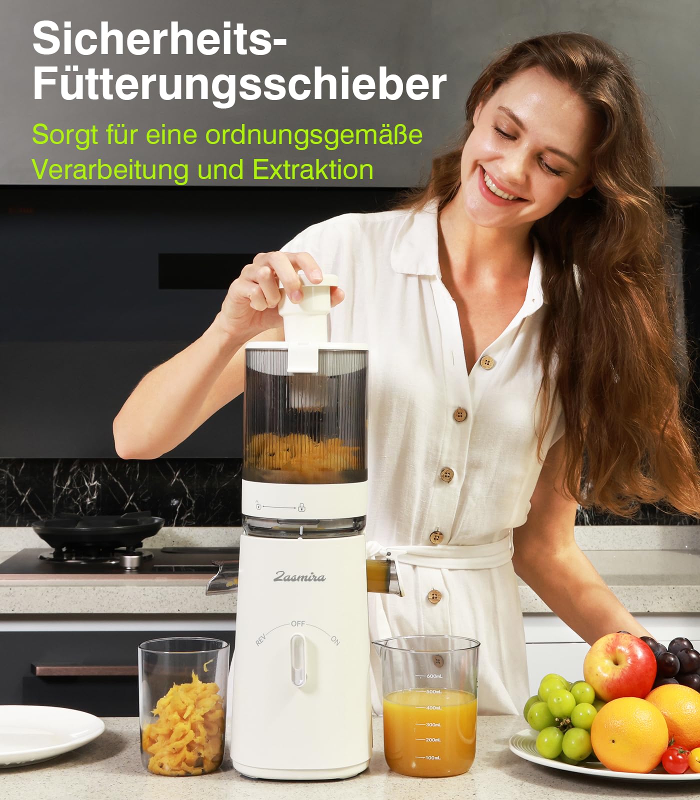 Zasmira Slow Juicer 120 mm Breiter Einfüllschacht Hohe Saftausbeute Gemüse Obst Weiß