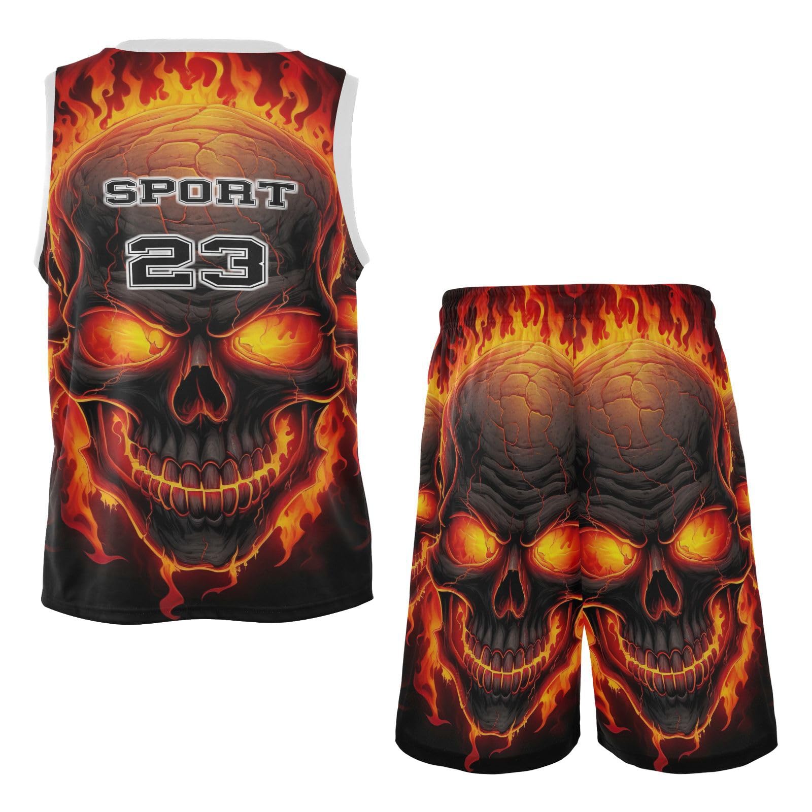 FLildon Fire Skulls Boys Basketball Jersey Set Tank Top Shorts Tracksuit Sport Training Suit for Kids, M