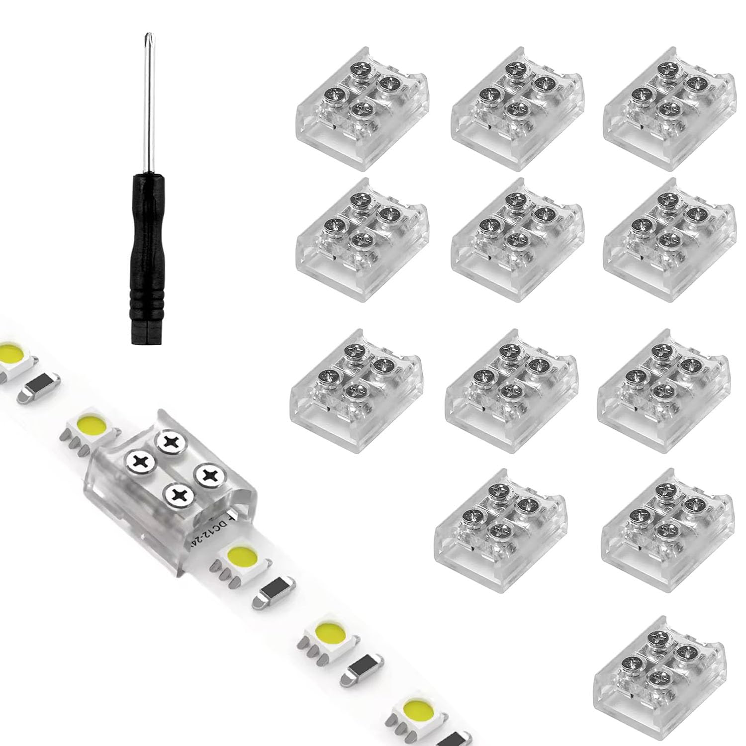12pcs 2pin 8mm LED Tape Lights Connector,Tighten Screw Strip to Wire Connectors,Solderless Transparent Led Connectors for SMD COB Single Color LED Strip Lights (2pin 8mm strip to strip)