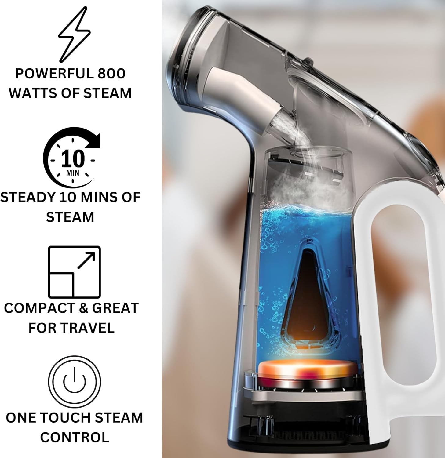 True & Tidy Compact Handheld Garment Steamer for Clothes, Travel Steamer with Stainless Steel Nozzle, 800 watts, White