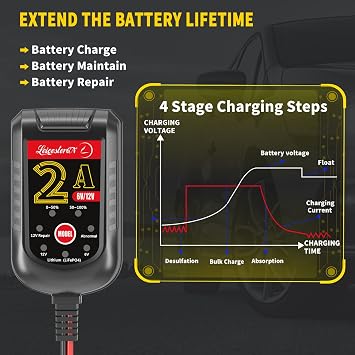 2A Battery Maintainer & Trickle Charger, 6V 12V Smart Float Charger with Pulse Repair Mode, 10FT Extra Long for Motorcycle, Automotive Car, Lawn Mower, Marine Boat, ATV, SLA, AGM, Gel, LiFePO4