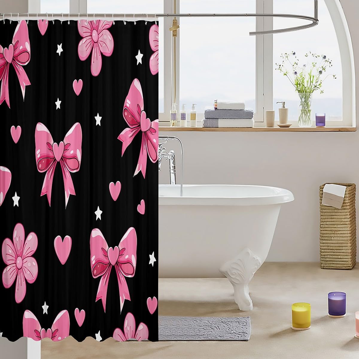jejeloiu Bowknot Shower Curtain for Bathroom Decor Black Pink Bath Curtain Pink Bow Bathroom Accessories Colourful Bowknot Waterproof for Stalls Bathtubs 72"x78"