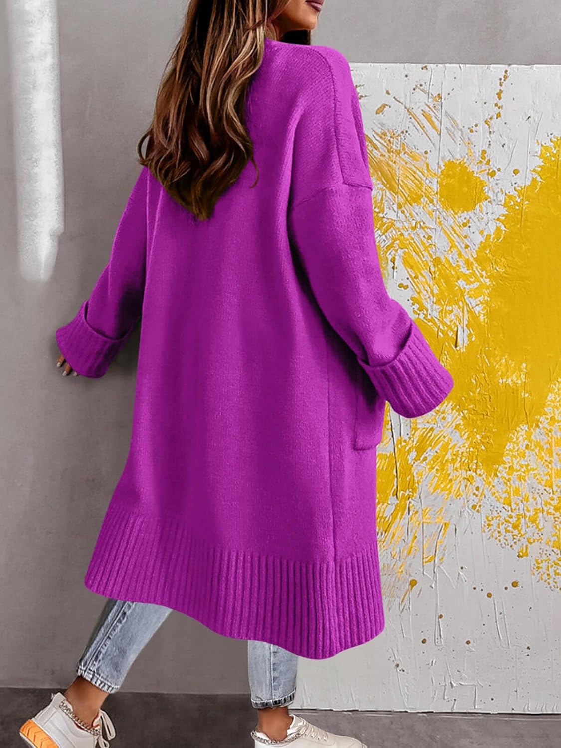 Danedvi Long Cardigan Sweaters for Women 2025 Fall Open Front Knit Oversized Cardigans Duster Coat with Pockets Purple - Image 3