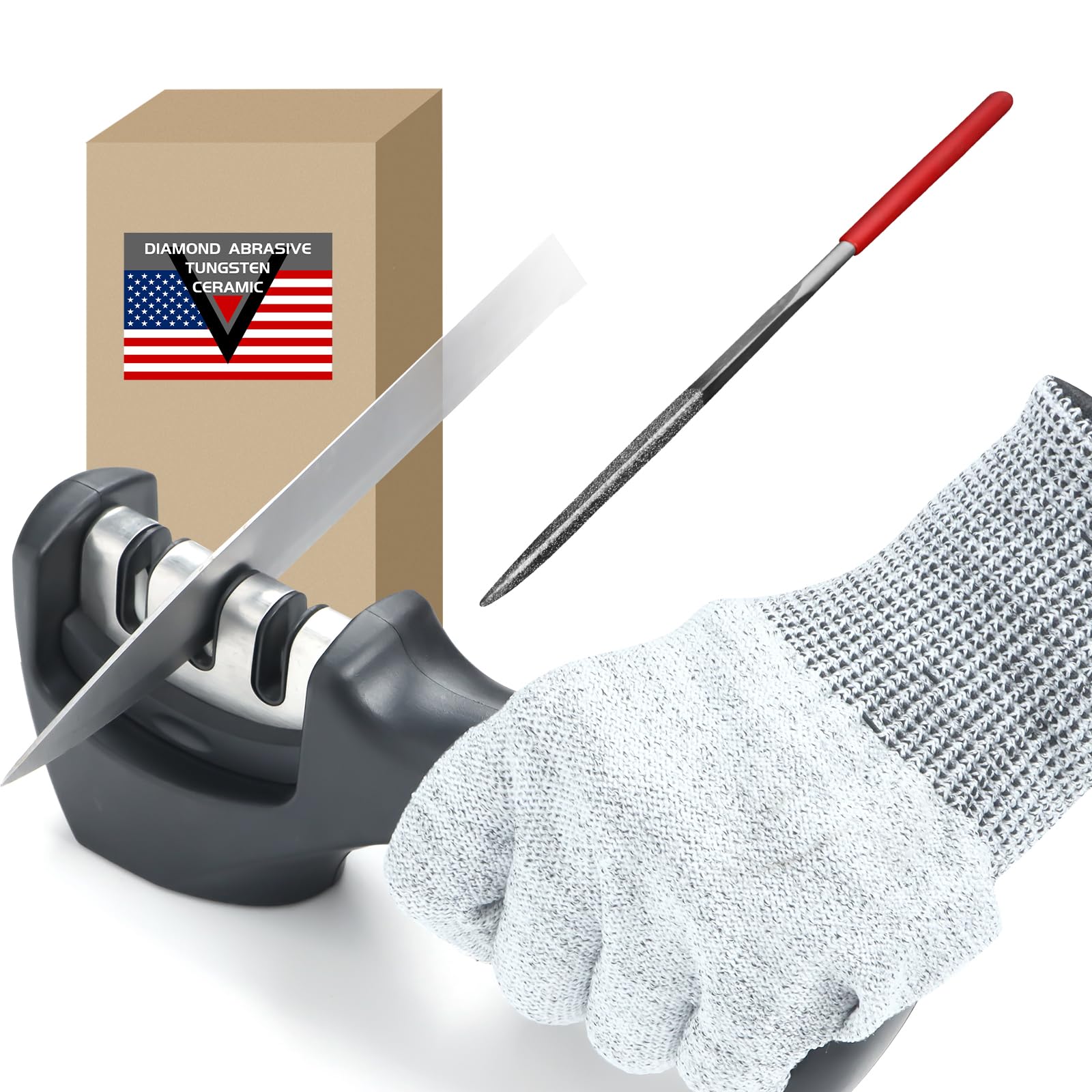 3-in-1 Knife Sharpener, Professional Knife Sharpening Rods with Cut-Resistant Glove, 3-Stage for Repair, Grind, Polish Blade, Works for Dagger and Steel Knives, Scissors - YMX.SHARPENER