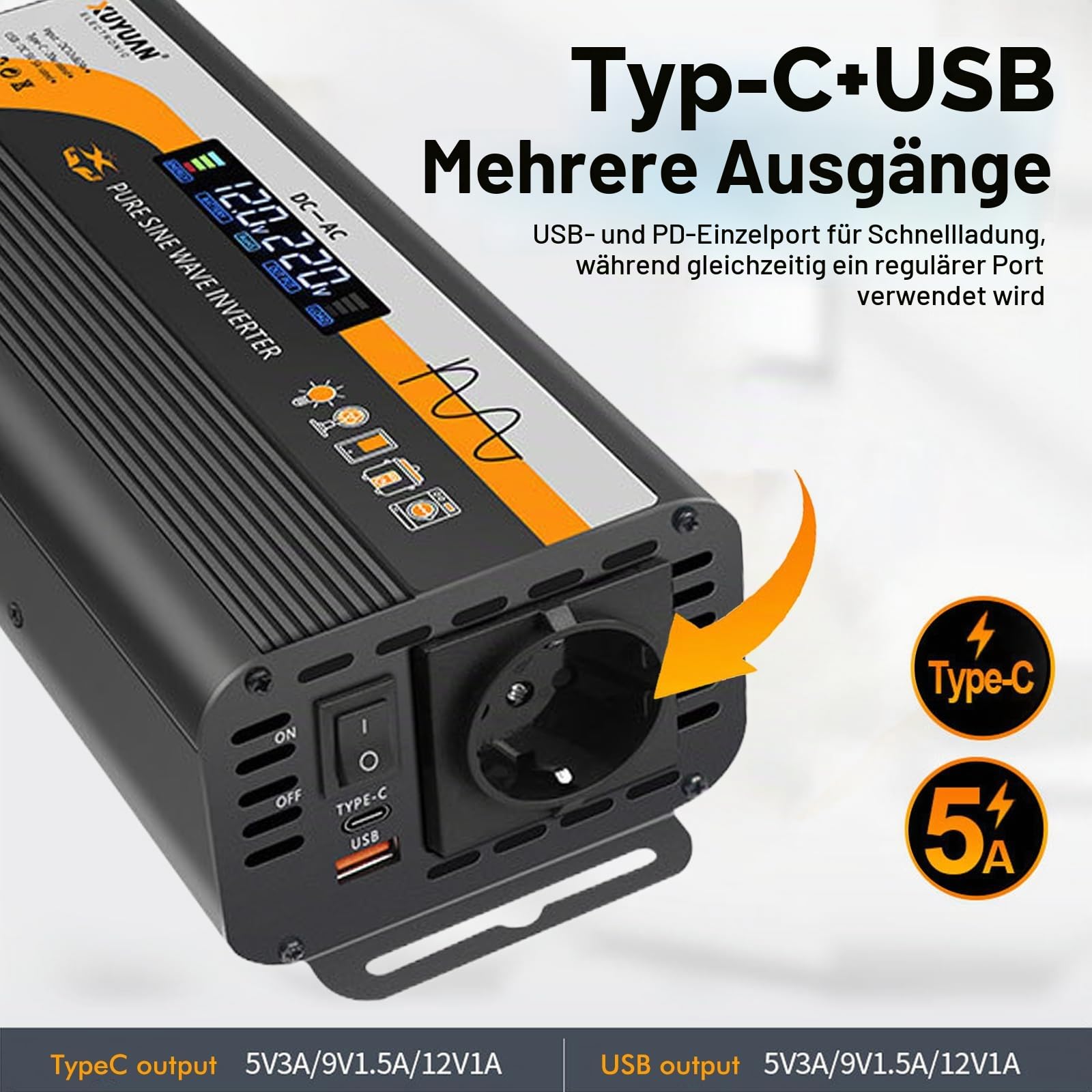 800W Wechselrichter 12v&24v auf 220V Reiner Sinus Wechselrichter, Spannungswandler mit 1 EU-Steckdose & 1 USB Port Stromwandler, LCD-Bildschirmanzeige, 5V/3A USB-Anschluss für LKW,Zuhause