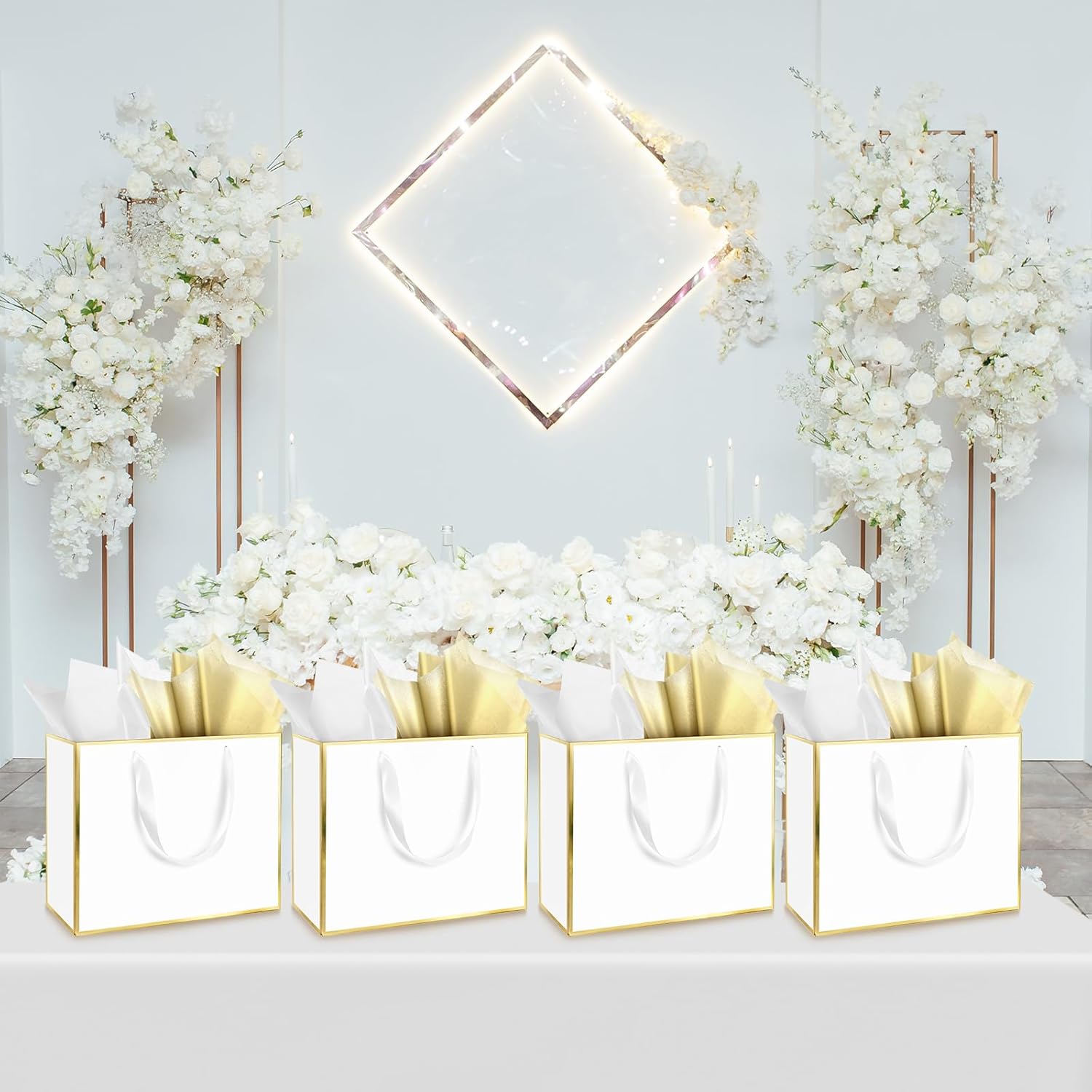 ReliThick Metallic Paper Gift Bag with Handles and Tissue Paper 11.8 x 10 x 4'' Thank You Favor Bag for St. Patrick's Day Wedding Bridesmaid Groomsman 5 Senses Gifts(White, Gold) - Image 7