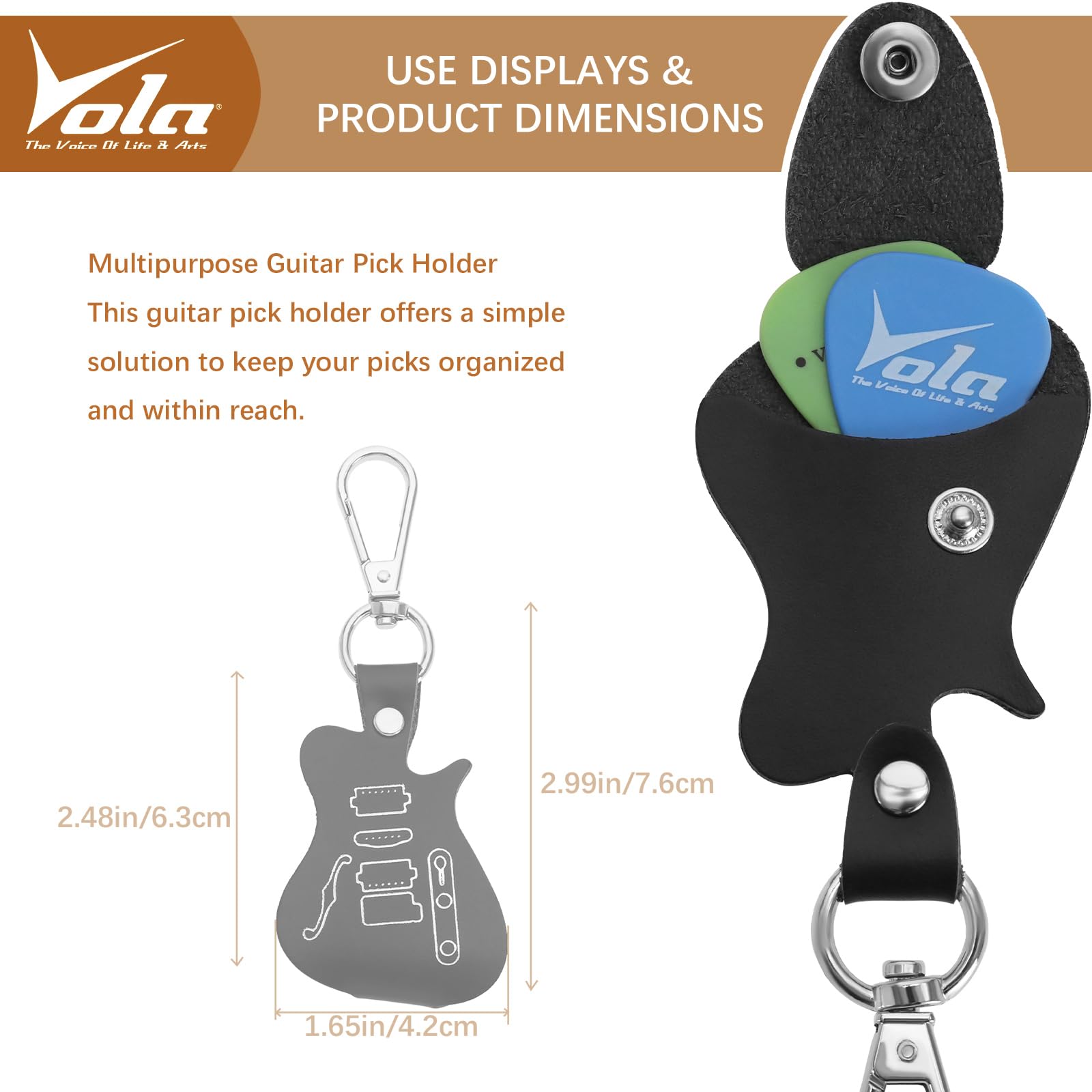 Vola Uchwyt na gitarę, skórzany uchwyt na gitarę, breloczek do kluczy, etui na kostkę, torba, przechowywanie kostek, czarny, czarny, brelok do kluczy