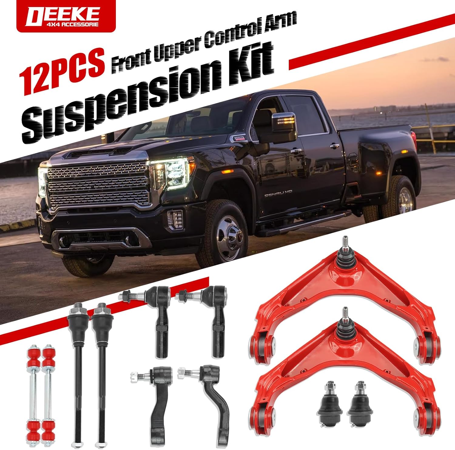 12PC Front End Suspension Kit for Chevy Silverado GMC Sierra 2500HD 3500HD,Suburban,Avalanche,XL Yukon,w/Control Arms,Ball Joints, Tie Rods, Sway Bar Links, Pitman & Idler Arms K620054（12PC）