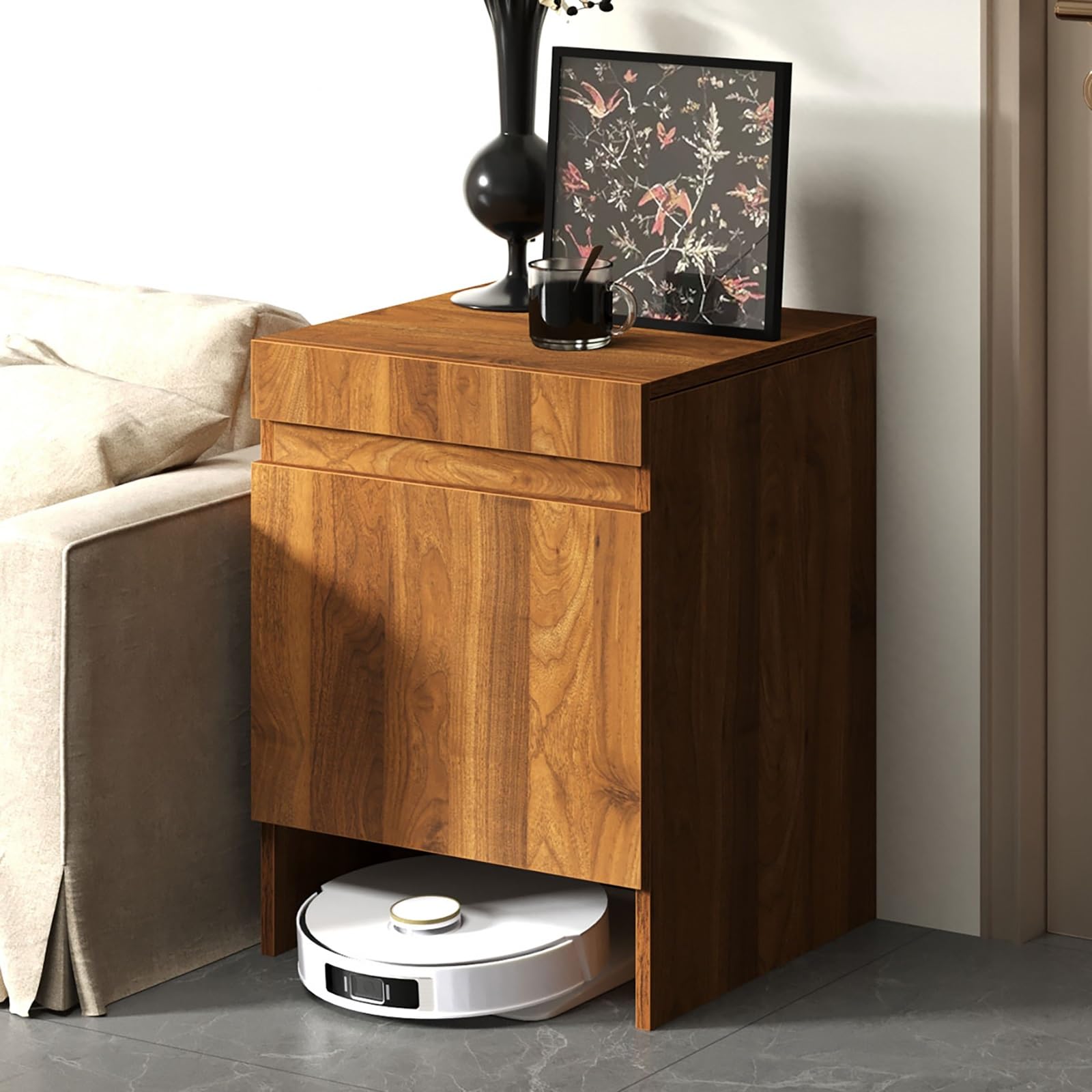 Robot Vacuum Stand Cabinet,Storage Cabinet with Doors for Robot Vacuum Cleaner,End Side Table for Home Office,Wood Freestanding Rack for Living Room Home Office Kitchen(Brown)-image-34