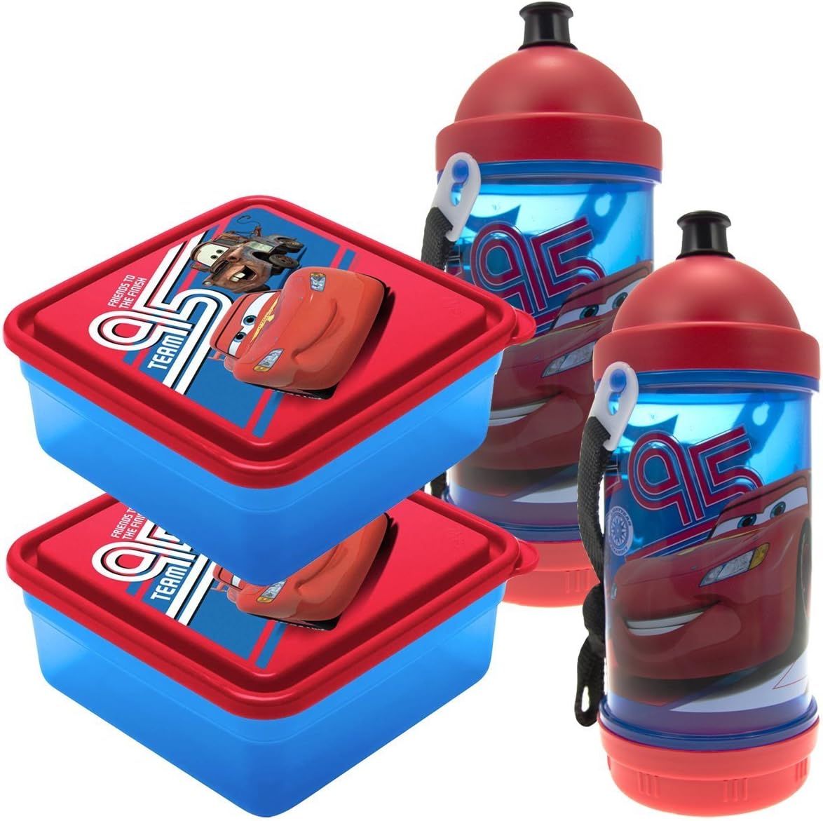 Set Of 2 Disney Cars Sip N Snack Canteen Bottles, 2 Chillpak Sandwich Containers Lunch For Kids