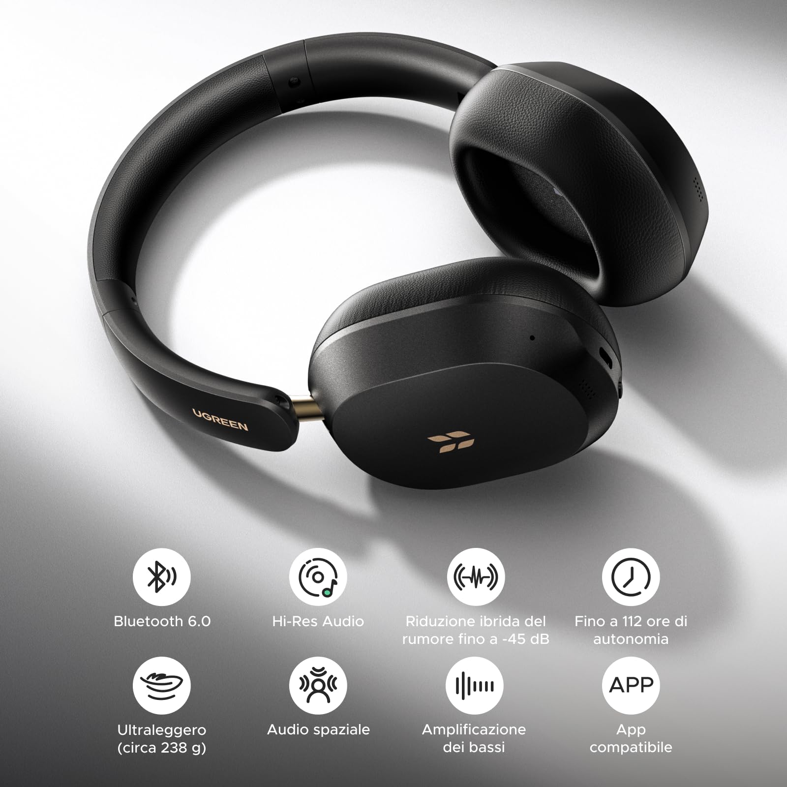 UGREEN HiTune Max5s Cuffie Bluetooth Cancellazione Rumore Attiva 45dB Hires | Cuffie Wireless Over Ear 45dB ANC 5 Microfoni 112 Ore BT 6.0 Audio Spaziale Personalizza con App Connessione Multipoint Nero