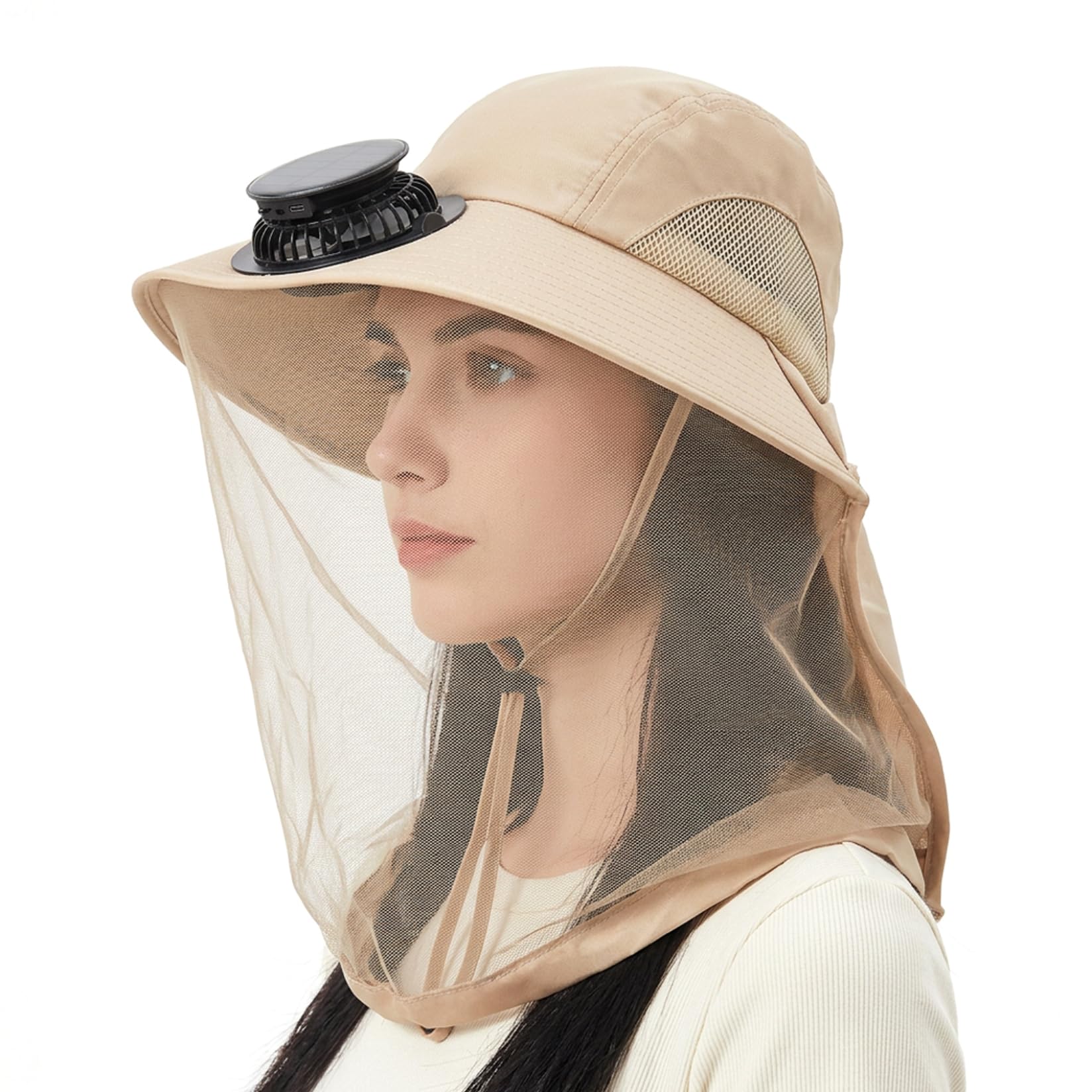 Bonalake Solar Fan Hat for Women Men, Sun Hat with Fan and Removable Net, Wide Brim Solar Fans Outdoor Fishing Cap for Camping Hiking Gardening, Khaki Wide Brim Outdoor Fishing Sun with
