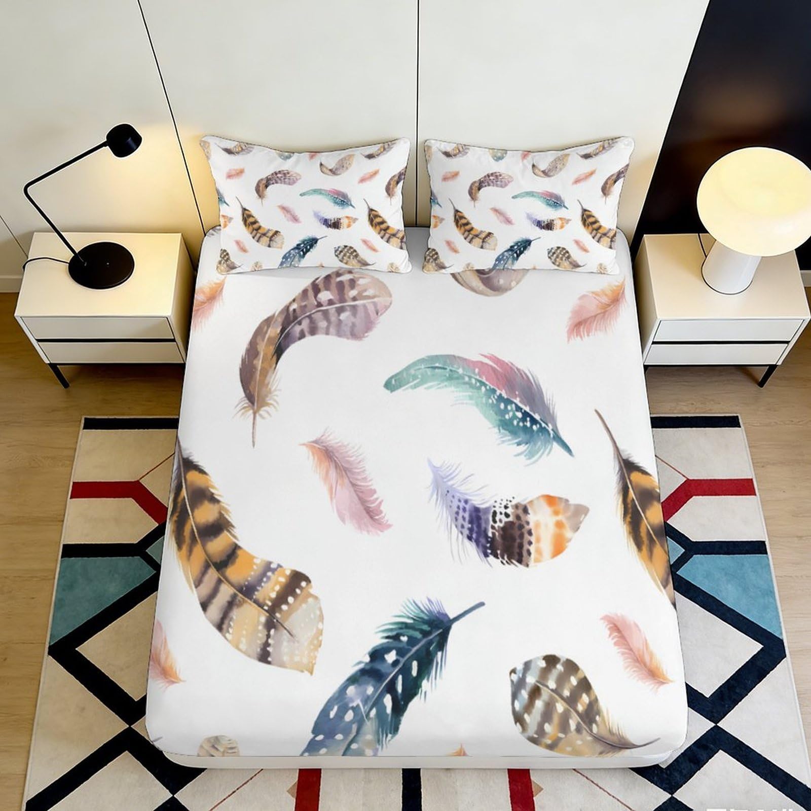 3D Printed Feather Pattern Fitted Sheet Microfiber Soft Durable Colorful Feathers Bed Cover for Bedroom Dormitory Guest Room Mattress Protection 90x200x25cm
