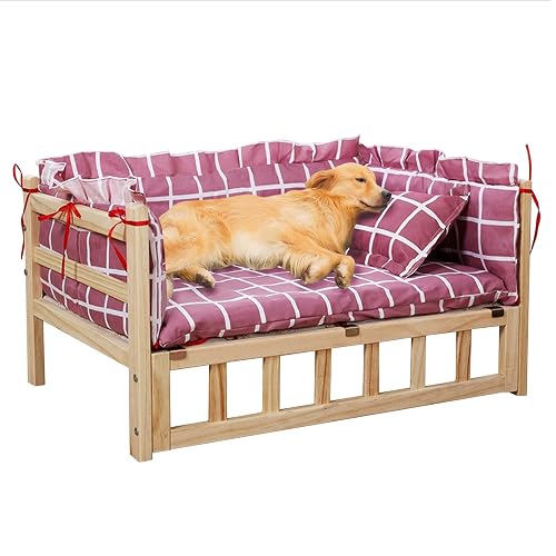 Cama Perro Cuna Elevada de Madera para Perros con Colchón/almohada Lavable
