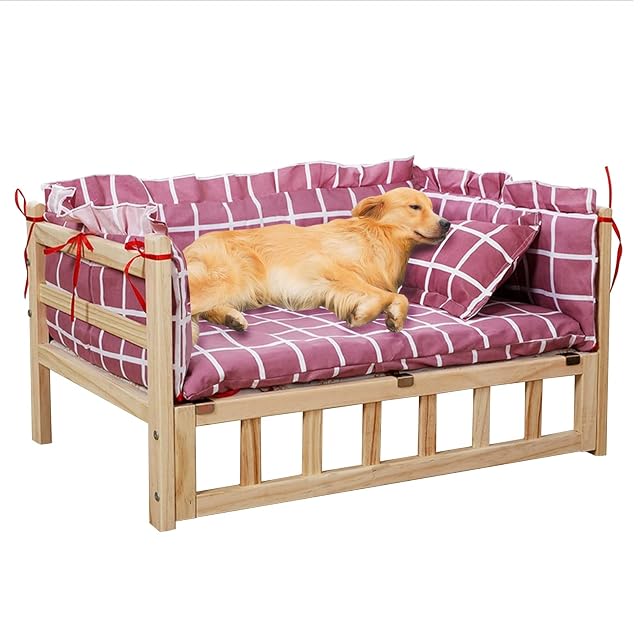 Cama Perro Cuna Elevada de Madera para Perros con Colchón/almohada Lavable