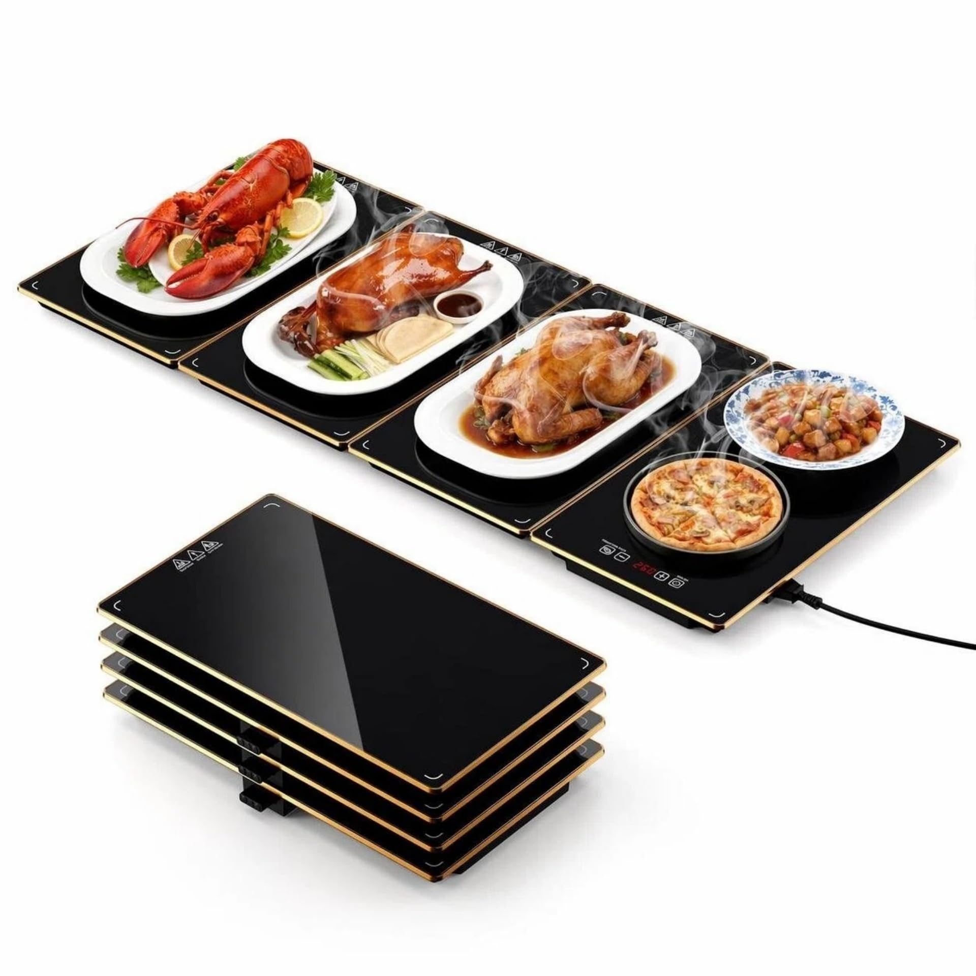 Juego de bandejas de calentamiento de alimentos: calentador de buffet conectable, 43 x 15 pulgadas, 32 x 18 pulgadas, 42.2-120.0 °C, control táctil con bloqueo infantil y temporizador de 24 horas