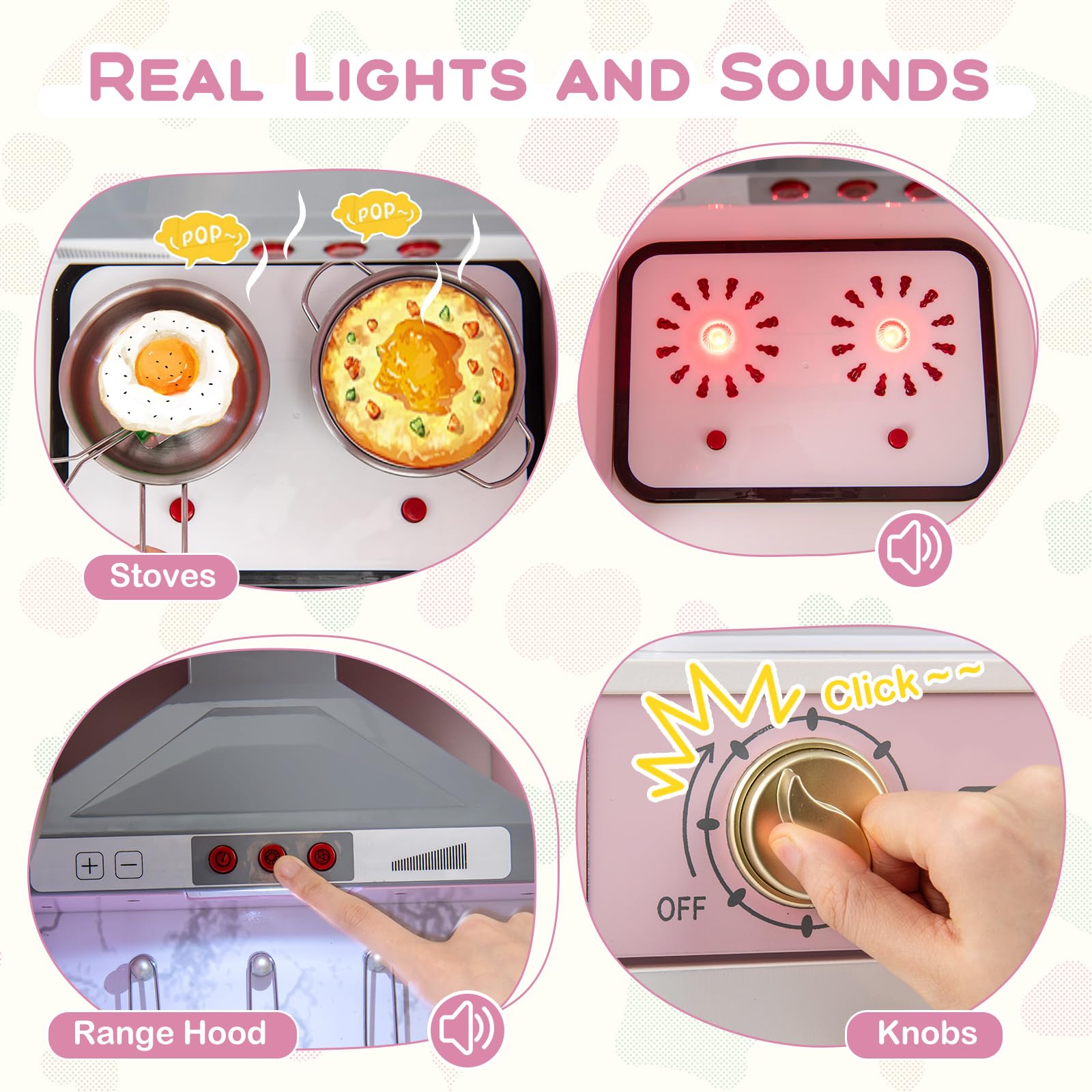 GLACER Kids Pretend Kitchen Playset, Wooden Kitchen Toy Set w/Sound & Light, Ice Maker, Microwave, Telephone, Apron, Stoves & Hood, Ideal Gift for Kids 3+ Years Old