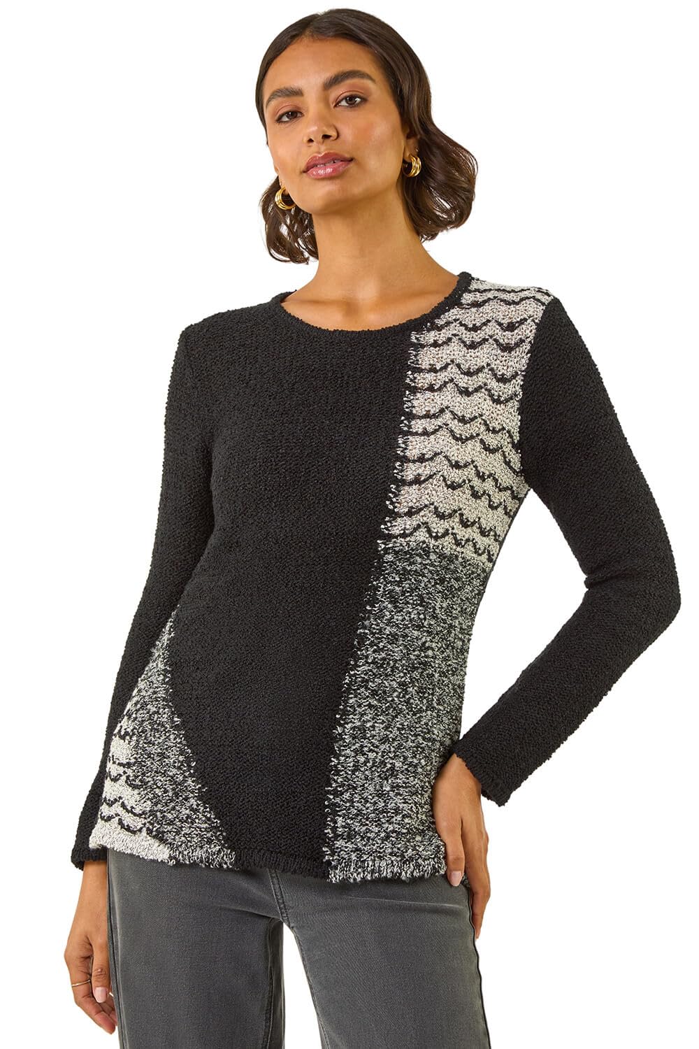 Roman Originals Women's Monochrome Textured Button Detail Knit Jumper For Uk - Everyday Autumn Winter Round Neckline Comfy Soft Evening Vacation Work Party Night Out - Size 12
