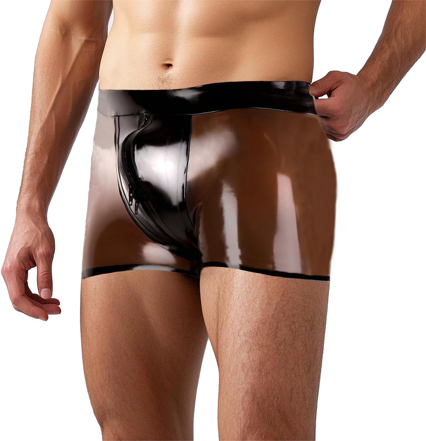 IOKUKI Transparent Black Latex Boxer Briefs with Black Edge,Men's Rubber Briefs with Zipper Cosplay Club Clothing Handmade