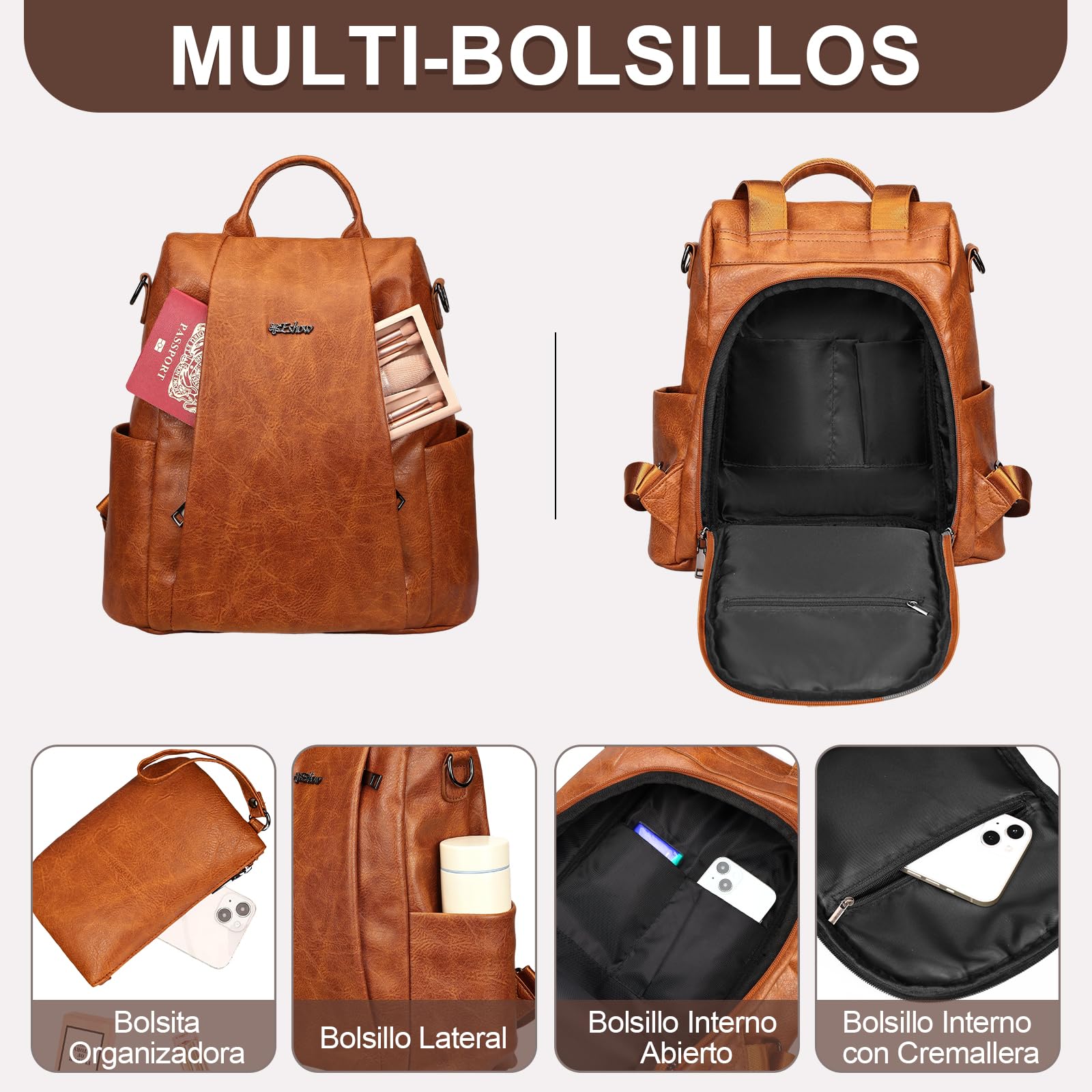 Eshow Mochila Antirrobo Mujer con Neceser Pequeño, Bolso Impermeable de Cuero PU, se Puede como Bandolera o de Mano para Trabajo Viaje Universidad Escuela y Compras