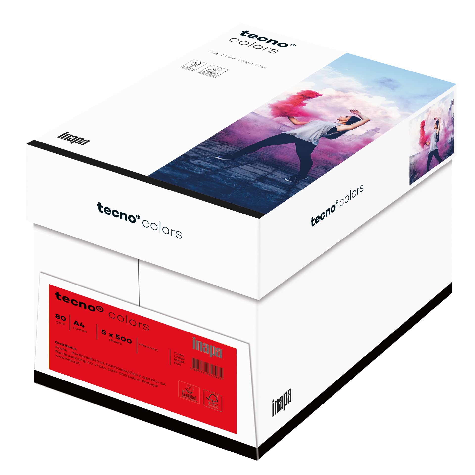 Inapa farbiges Druckerpapier, buntes Papier tecno Colors: 80 g/m², A4, 2.500 Blatt (5x500), intensivrot