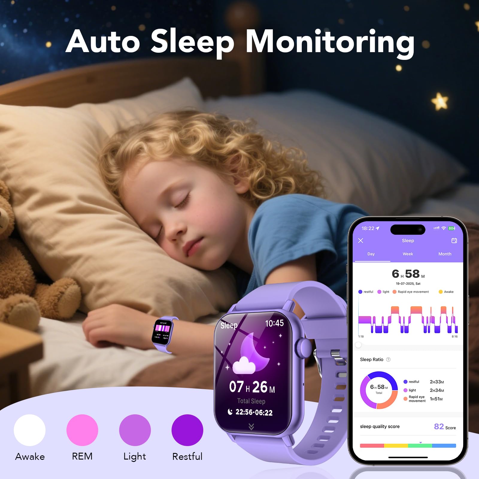 1,8" HD Smartwatch Kinder, IP68 Schrittzähler Kinder, Kids Smartwatch mit Herzfrequenz, Schlafmonitor, 24 Stunden Aktivitätsfolgung Kinderuhr Mädchen für iOS und Android, Violett