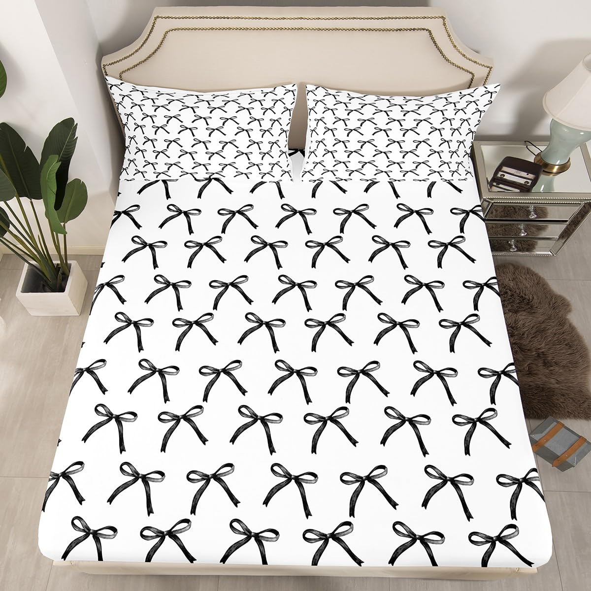 Cartoon Bowknot Kids Fitted Sheet King Size,Bow Tie Geometric Patchwork Modern Bedding Set,Girls Women Room Decor,Bow Butterfly Knot Bed Cover,Black White Simple Bed Sheet,2 Pillowcases