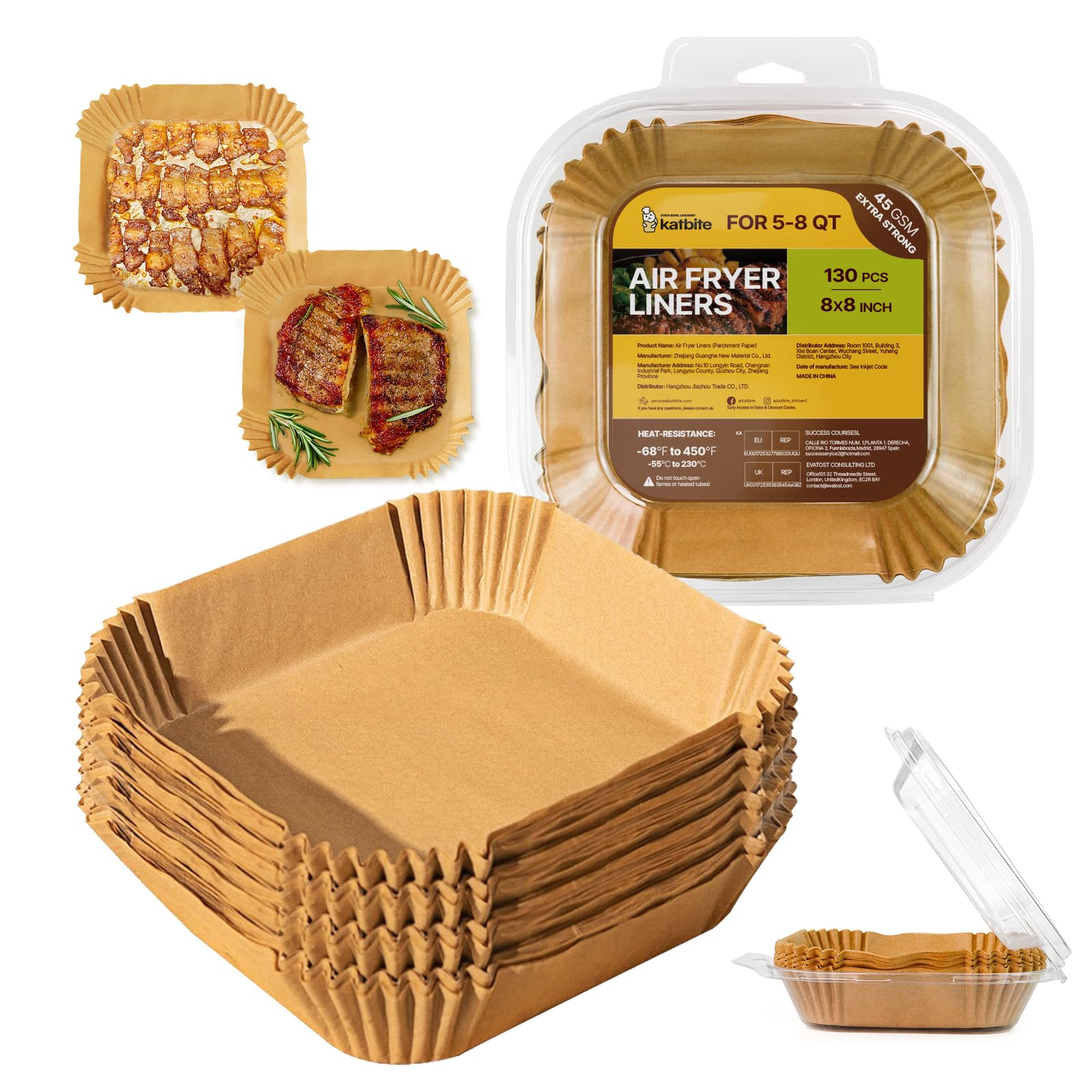 Katbite 130 Stück Backpapier für Heißluftfritteuse, 20x20 cm Airfryer, Hitzebeständig Heißluftfritteuse Backpapier mit Philips Cecotec COSORI Midea Russell Hobbs XL XXL Airfryer