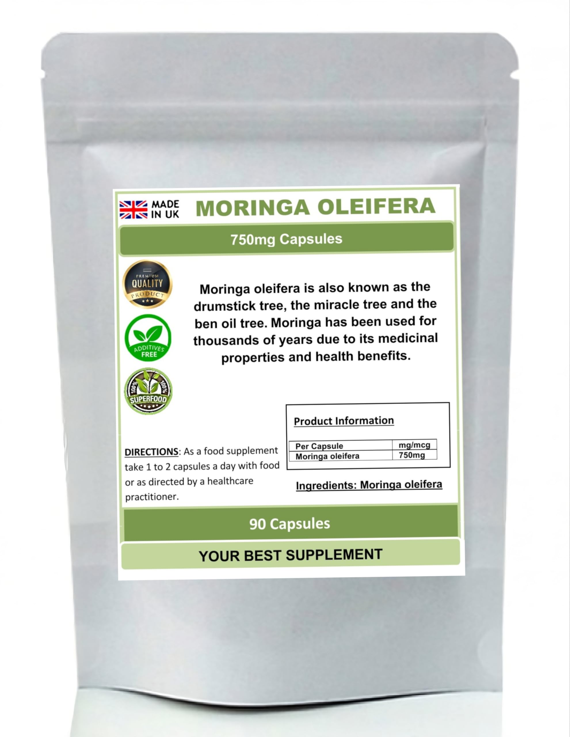 Moringa Oleifera Capsules 750mg 100% Natural (Pure) Super-Food, The Miracle Tree (90)