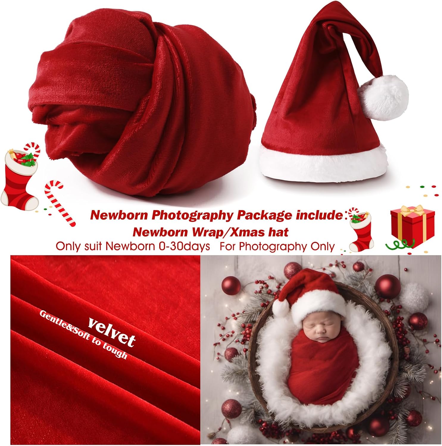 ForBaysy 新生児 クリスマス 写真撮影 衣装 エルフ 新生児 コスチューム 新生児ラップ サンタクリスマス帽子付き 新生児写