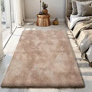 Fluffy Rug Shaggy Area Rug, Mottling Beige 3x5 Area Rugs for Bedroom, Small Bedside Rug, Soft Fluffy Shaggy Entryway Throw Rugs for Living Room Bedroom Kids Room Home Decor