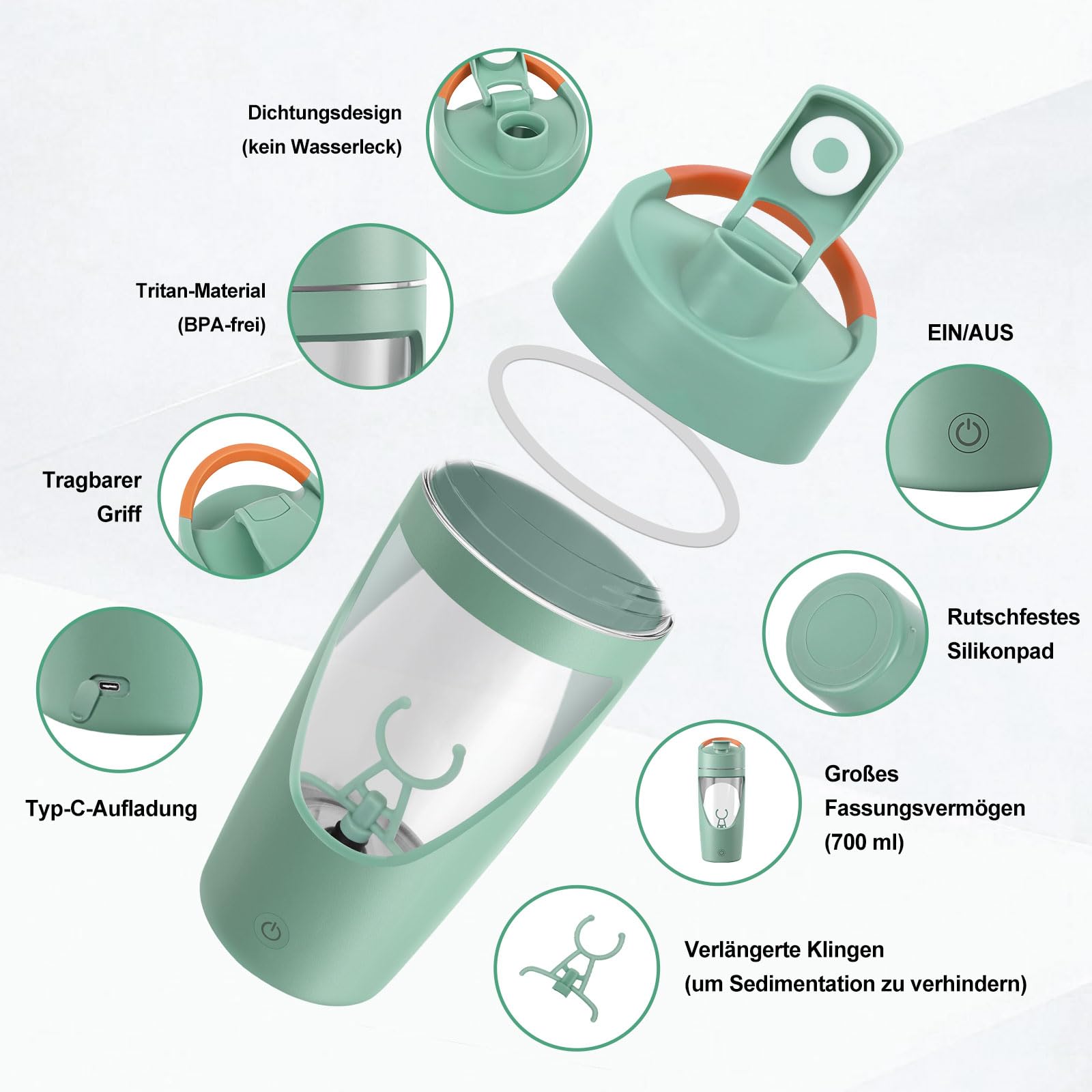 Shaker elettrico, 700ml shaker proteine elettrico con scomparto per polvere, bottiglia per shaker ricaricabile USB C, per frullati proteici, integratori e milkshake (Verde)