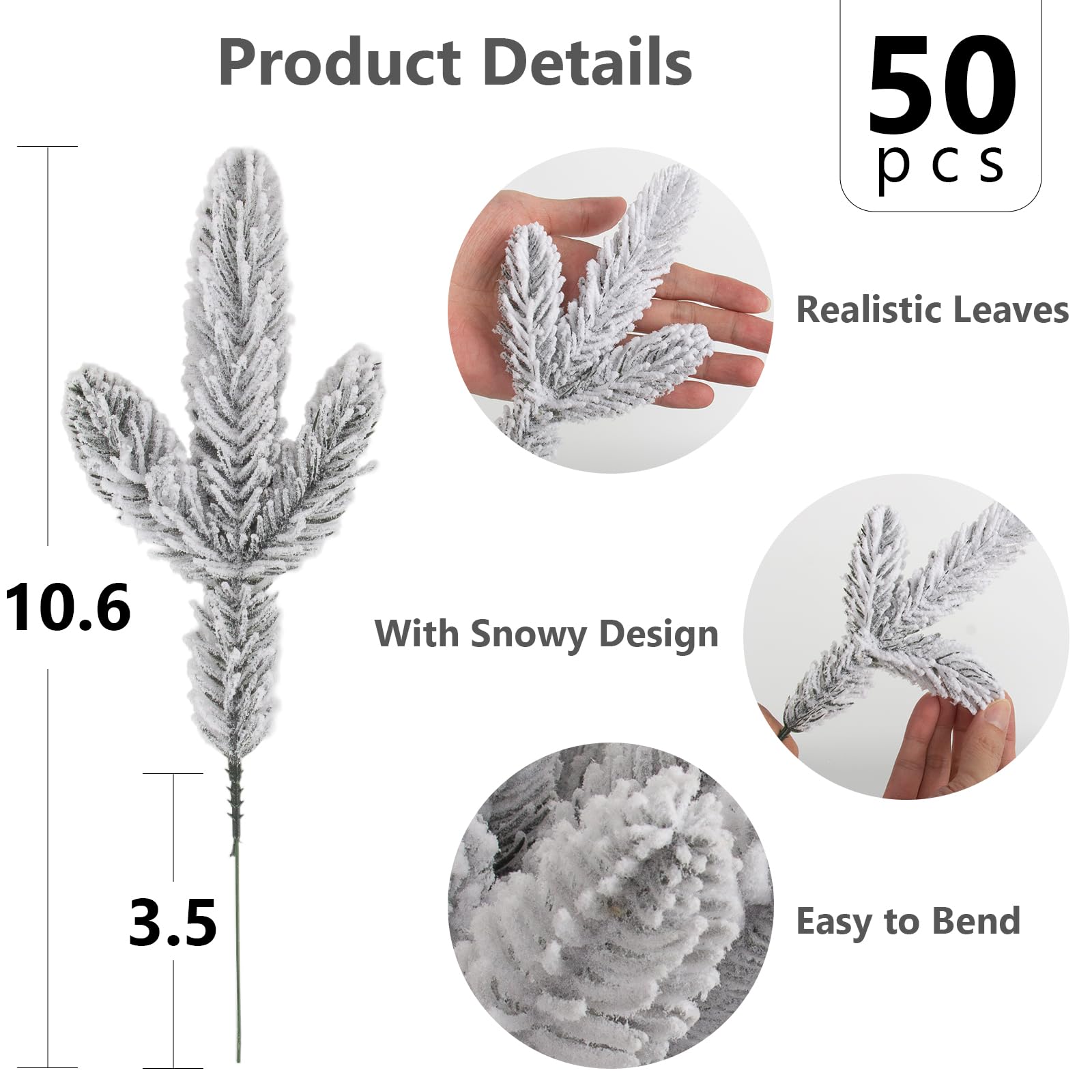 Hananona Lot de 50 branches de pin artificielles enneigées de 27 cm pour guirlande de Noël, couronne, bricolage et décoration d'intérieur (blanc)