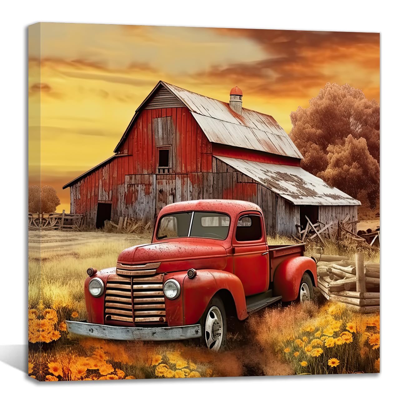 QIXIANG Red Truck Wall Art Vintage Red Barn Canvas Prints