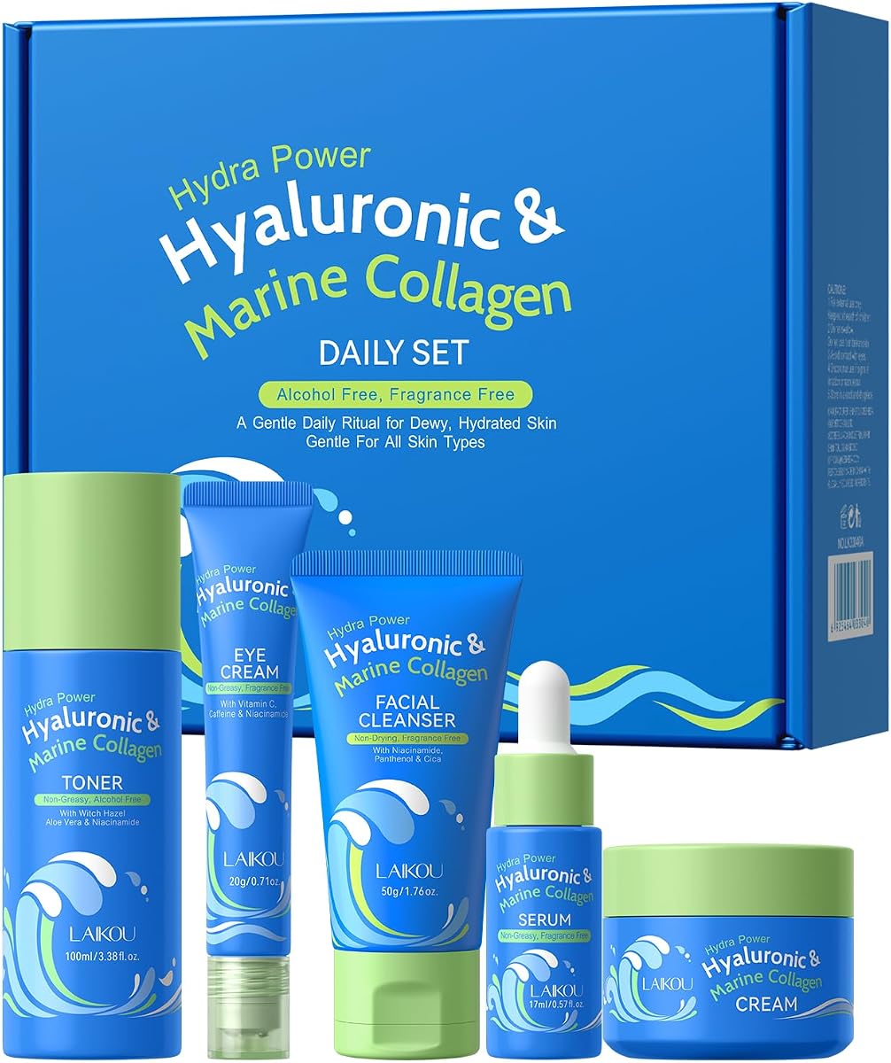 LAIKOU Hydra Power Skin Care Set - Hyaluronic & Marine Collagen Skin Care | Skin Care Kit with Facial Cleanser, Serum, Toner, Cream, Eye Cream - Non-Greasy, Fragrance Free - Beauty Gift
