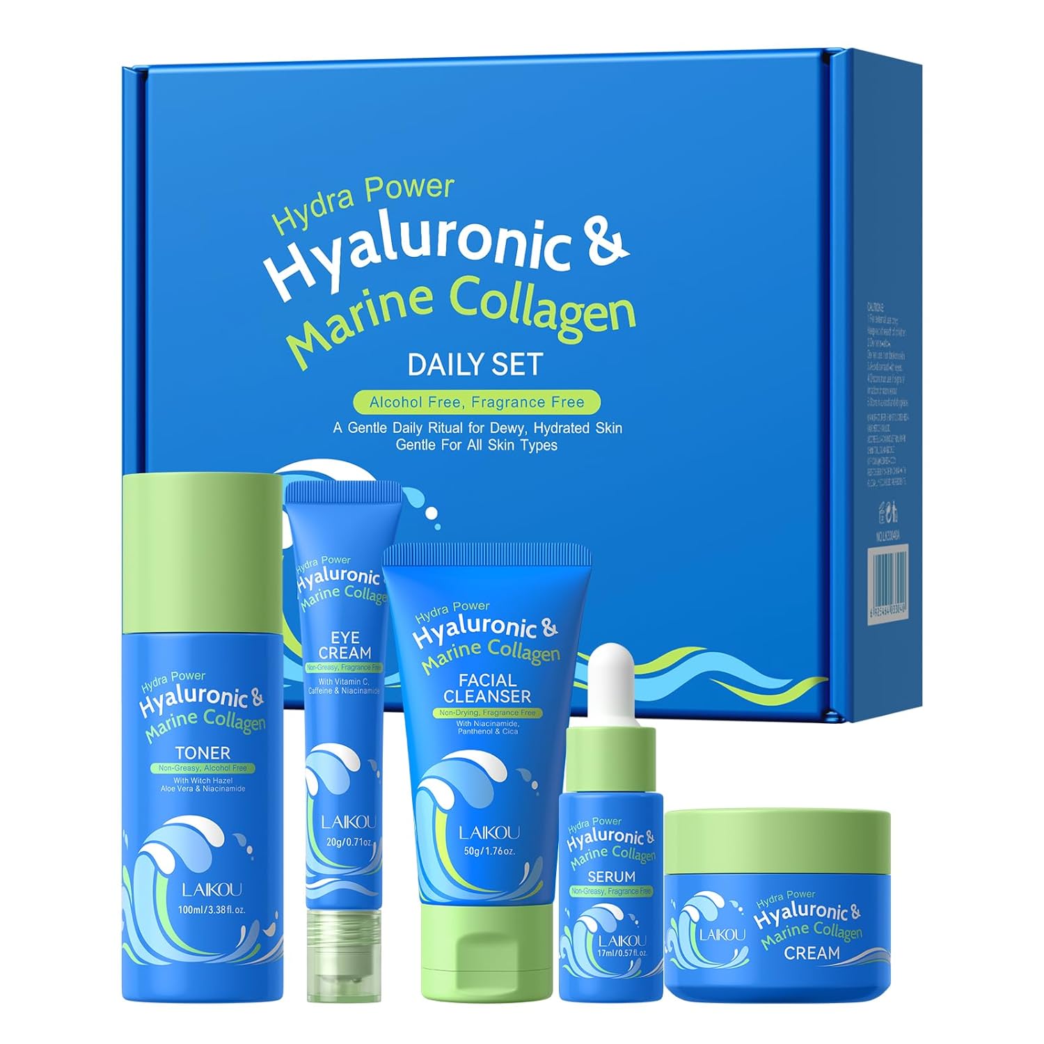 LAIKOU Hydra Power Skin Care Set - Hyaluronic & Marine Collagen Skin Care - Skin Care Kit with Facial Cleanser, Serum, Toner, Cream, Eye Cream - Non-Greasy, Fragrance Free - Beauty Gift