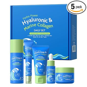 LAIKOU Hydra Power Skin Care Set - Hyaluronic & Marine Collagen Skin Care - Skin Care Kit with Facial Cleanser, Serum, Toner, Cream, Eye Cream - Non-Greasy, Fragrance Free - Beauty Gift