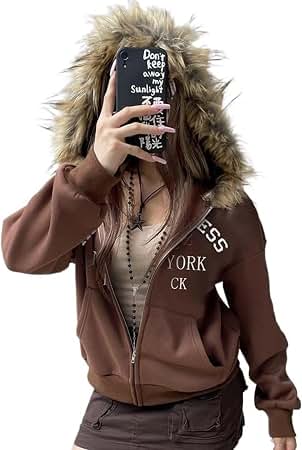 Amazon.com: HOHOPEACH Y2k Zip Up Hoodie Fur Jackets Winter Coats