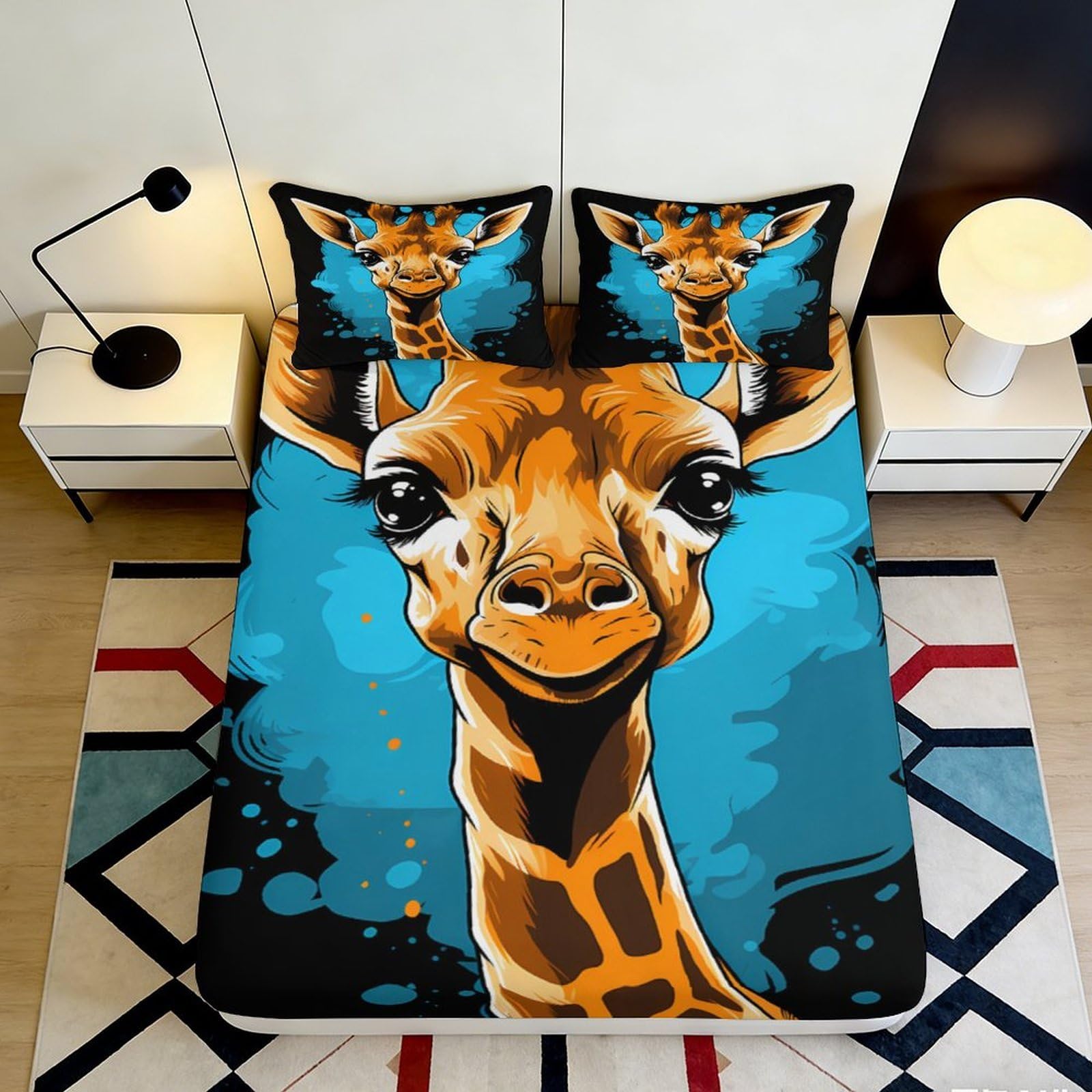 Pnayamiorkfel Style-7 3D Printed Giraffe Cartoon Fitted Sheet Microfiber Blue Animal Mattress Cover For Bedroom Decor Dorm Guest Room 90X200x25cm