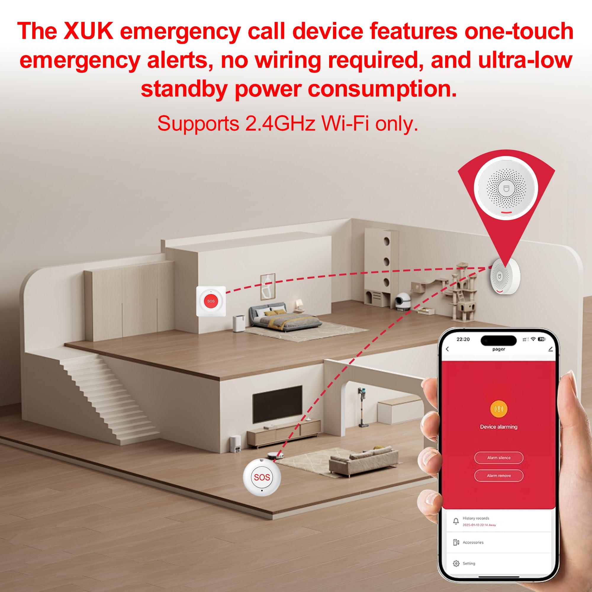 XUK Sistema de llamada de emergencia para ancianos, 1 host + 2 relojes versión WiFi dispositivos de llamada