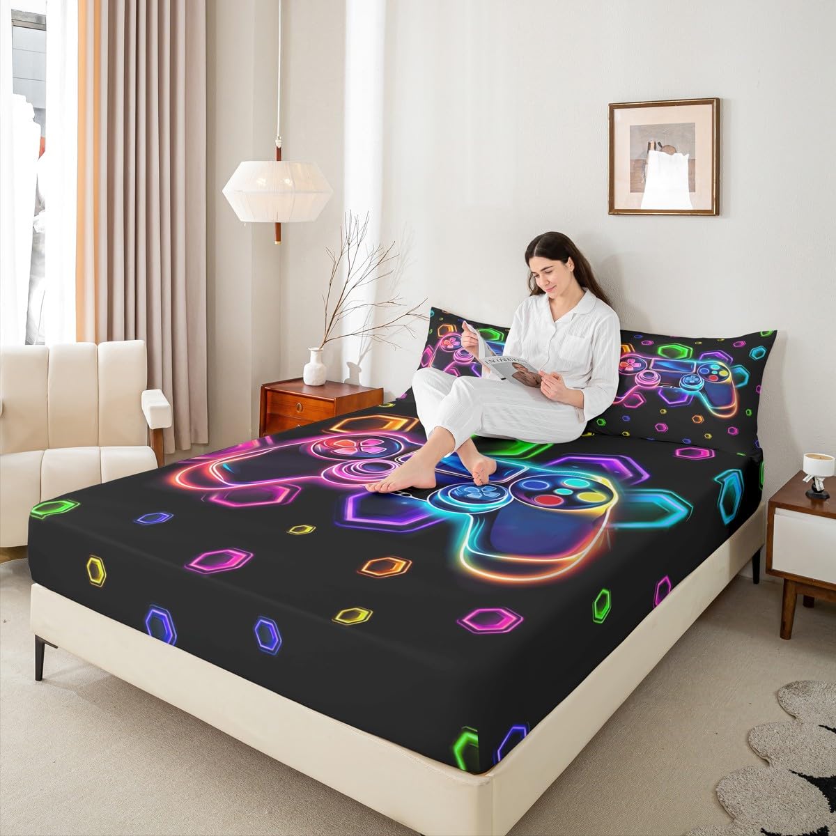 Manfei Boys Gamer Fitted Sheet Twin Size, Video Games Controller Bedding Set 2pcs, Geometric Gamepad Gaming Bed Cover with 1 Pillowcase, Kids Girls Room Decor, Soft Bedding(No Top Sheet)